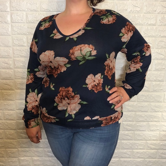 Sweaters - Navy Blue, Green and Peachy Floral Sweater